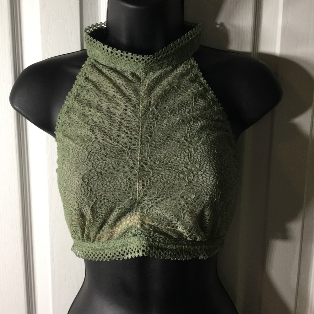 Victoria's Secret Olive Green Lace High‎ Neck Halter Bralette XL
